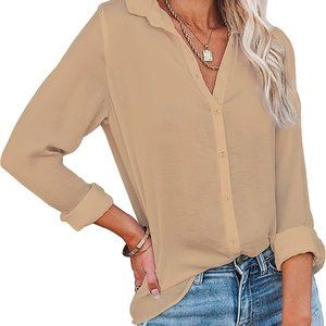 Diosun Womens Button Down V Neck Shirts Long/Short Sleeve Office Casual Business